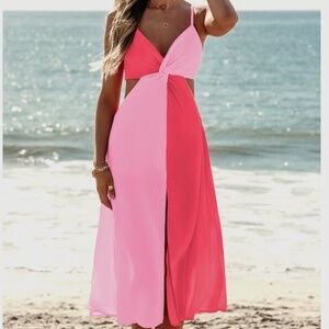NWT Popvil A-Line Asymmetrical Red Pink Colorblock Dress. Size medium.